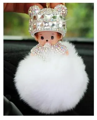 KIKI sleutelhanger real rabbit bunny fur pom pom keychain Crystal  cartoon Dolls pompom Key chain Woman bag car Charm pendant