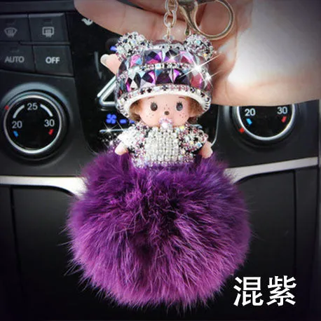 KIKI sleutelhanger real rabbit bunny fur pom pom keychain Crystal  cartoon Dolls pompom Key chain Woman bag car Charm pendant