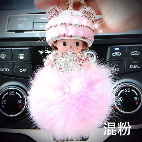 KIKI sleutelhanger real rabbit bunny fur pom pom keychain Crystal  cartoon Dolls pompom Key chain Woman bag car Charm pendant