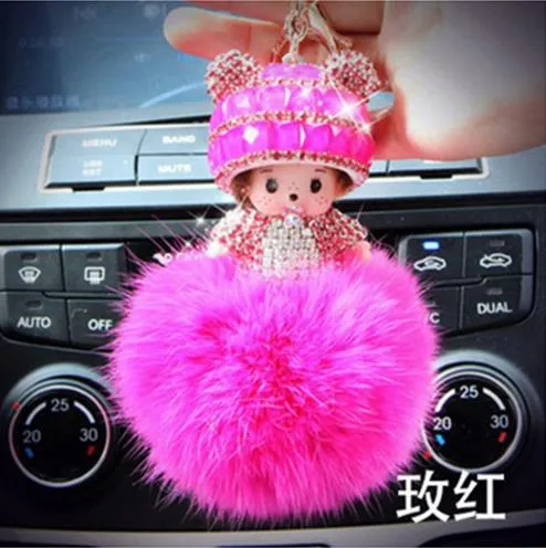 KIKI sleutelhanger real rabbit bunny fur pom pom keychain Crystal  cartoon Dolls pompom Key chain Woman bag car Charm pendant