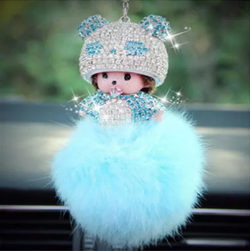 KIKI sleutelhanger real rabbit bunny fur pom pom keychain Crystal  cartoon Dolls pompom Key chain Woman bag car Charm pendant