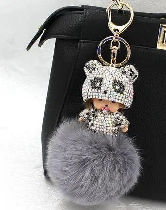 KIKI sleutelhanger real rabbit bunny fur pom pom keychain Crystal  cartoon Dolls pompom Key chain Woman bag car Charm pendant