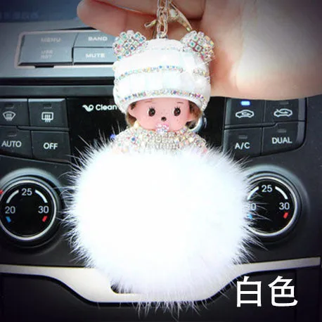 KIKI sleutelhanger real rabbit bunny fur pom pom keychain Crystal  cartoon Dolls pompom Key chain Woman bag car Charm pendant