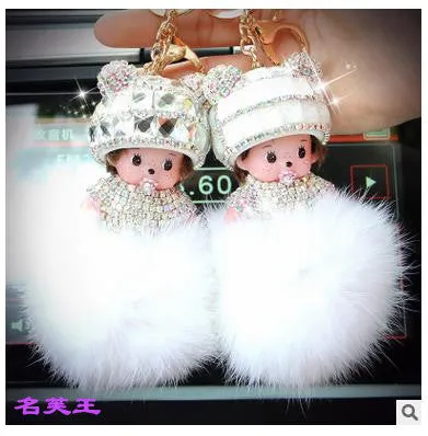 KIKI sleutelhanger real rabbit bunny fur pom pom keychain Crystal  cartoon Dolls pompom Key chain Woman bag car Charm pendant