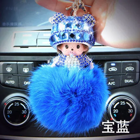 KIKI sleutelhanger real rabbit bunny fur pom pom keychain Crystal  cartoon Dolls pompom Key chain Woman bag car Charm pendant