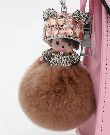 KIKI sleutelhanger real rabbit bunny fur pom pom keychain Crystal  cartoon Dolls pompom Key chain Woman bag car Charm pendant