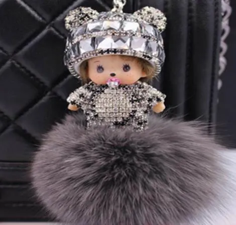 KIKI sleutelhanger real rabbit bunny fur pom pom keychain Crystal  cartoon Dolls pompom Key chain Woman bag car Charm pendant