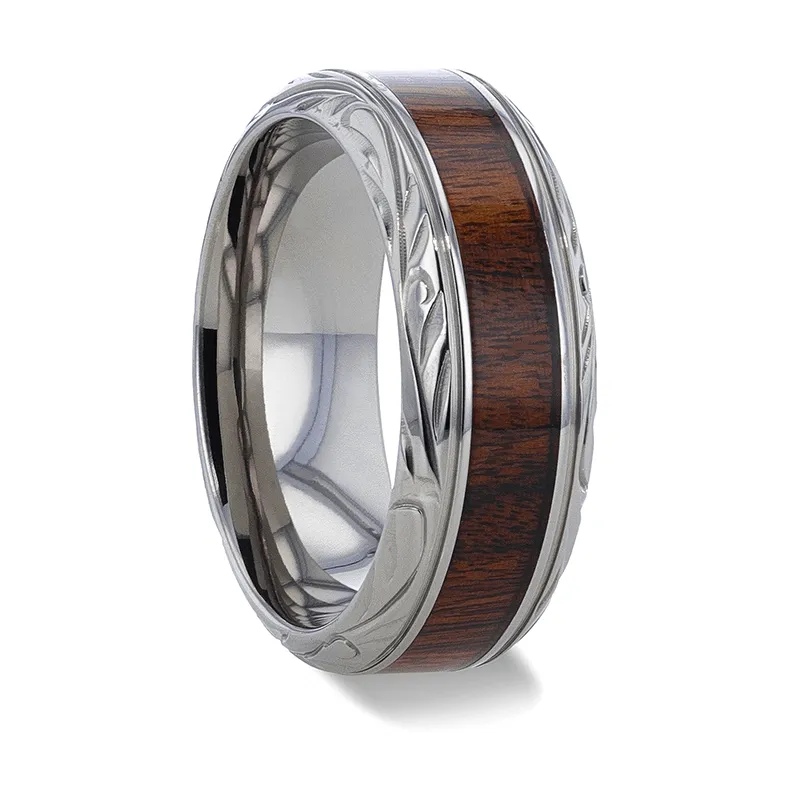 KRAFT Black Walnut Wood Inlay with Intricate Beveled Edges Titanium Polished Wedding Ring - 8mm