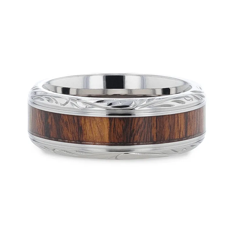 KRAFT Black Walnut Wood Inlay with Intricate Beveled Edges Titanium Polished Wedding Ring - 8mm