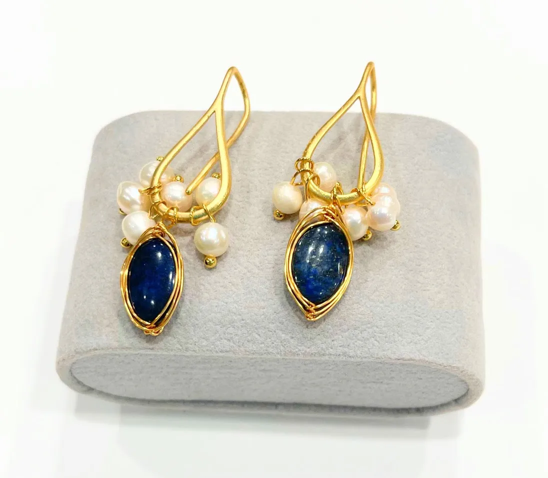 Lapis Lazuli and Pearl Gemstone Dangle Earrings 1.5"