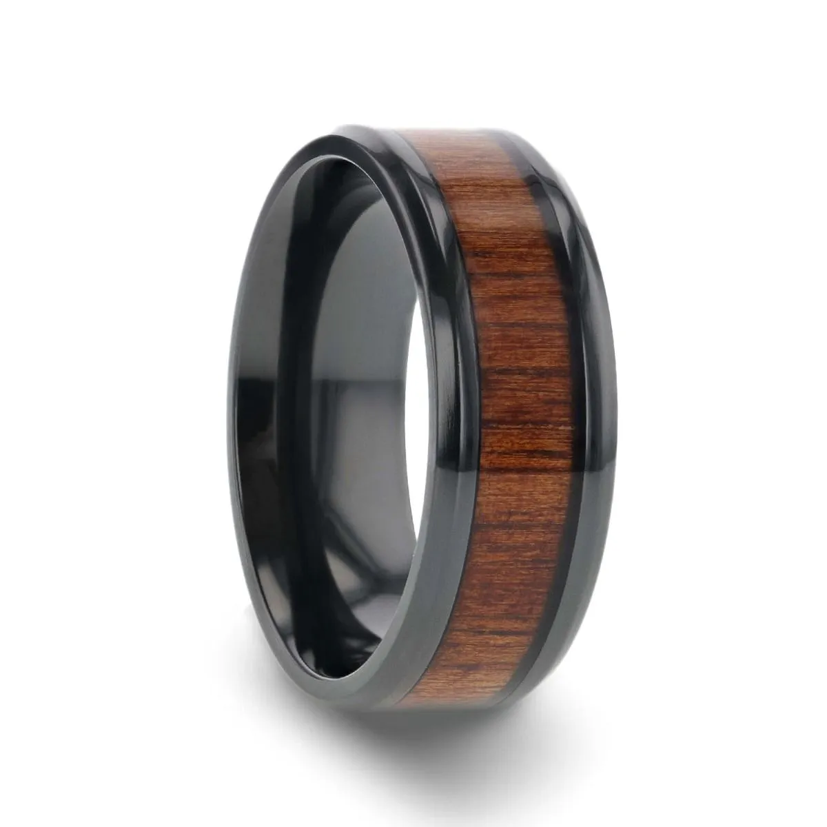 LEIFI | Black Titanium Ring, Koa Wood Inlay, Beveled