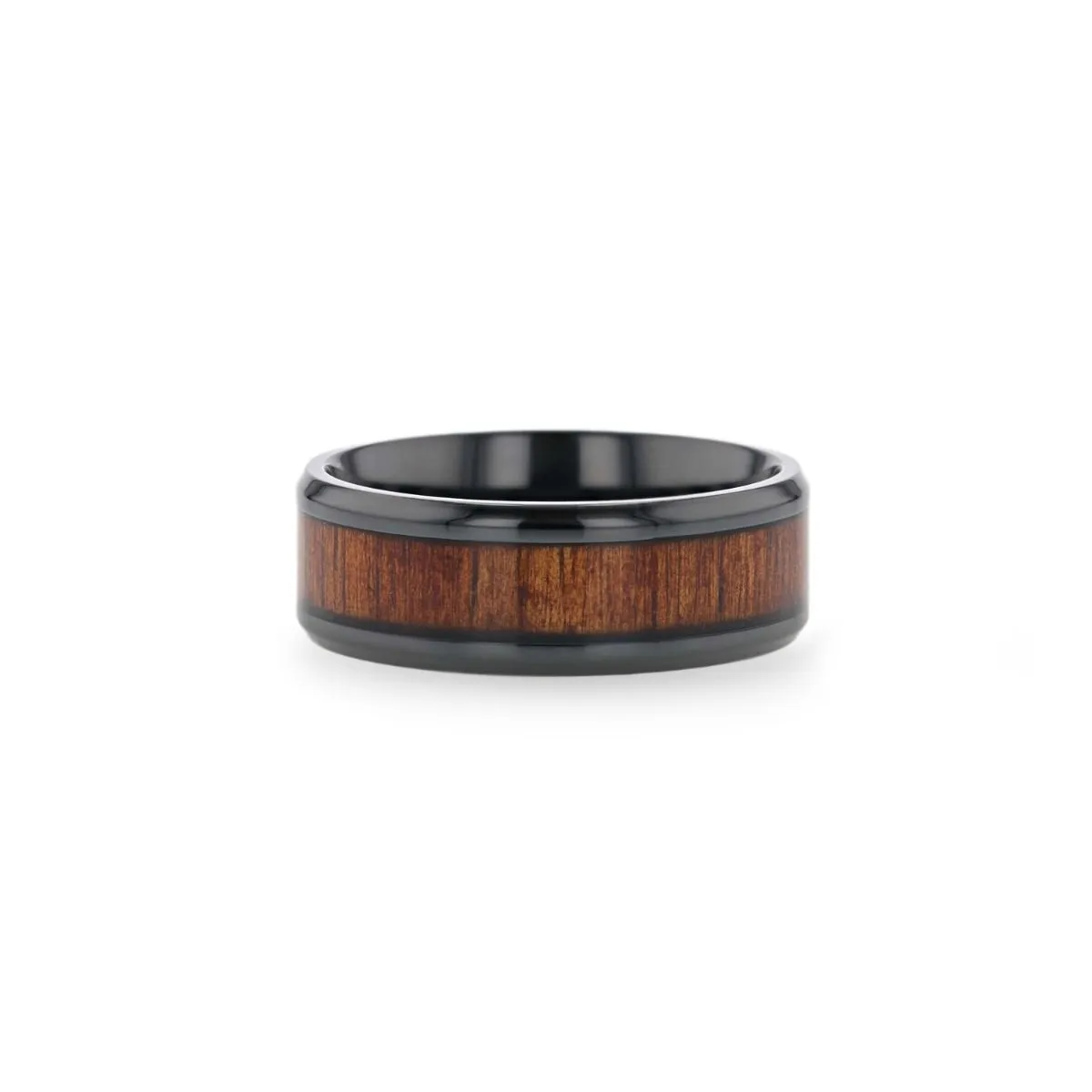 LEIFI | Black Titanium Ring, Koa Wood Inlay, Beveled