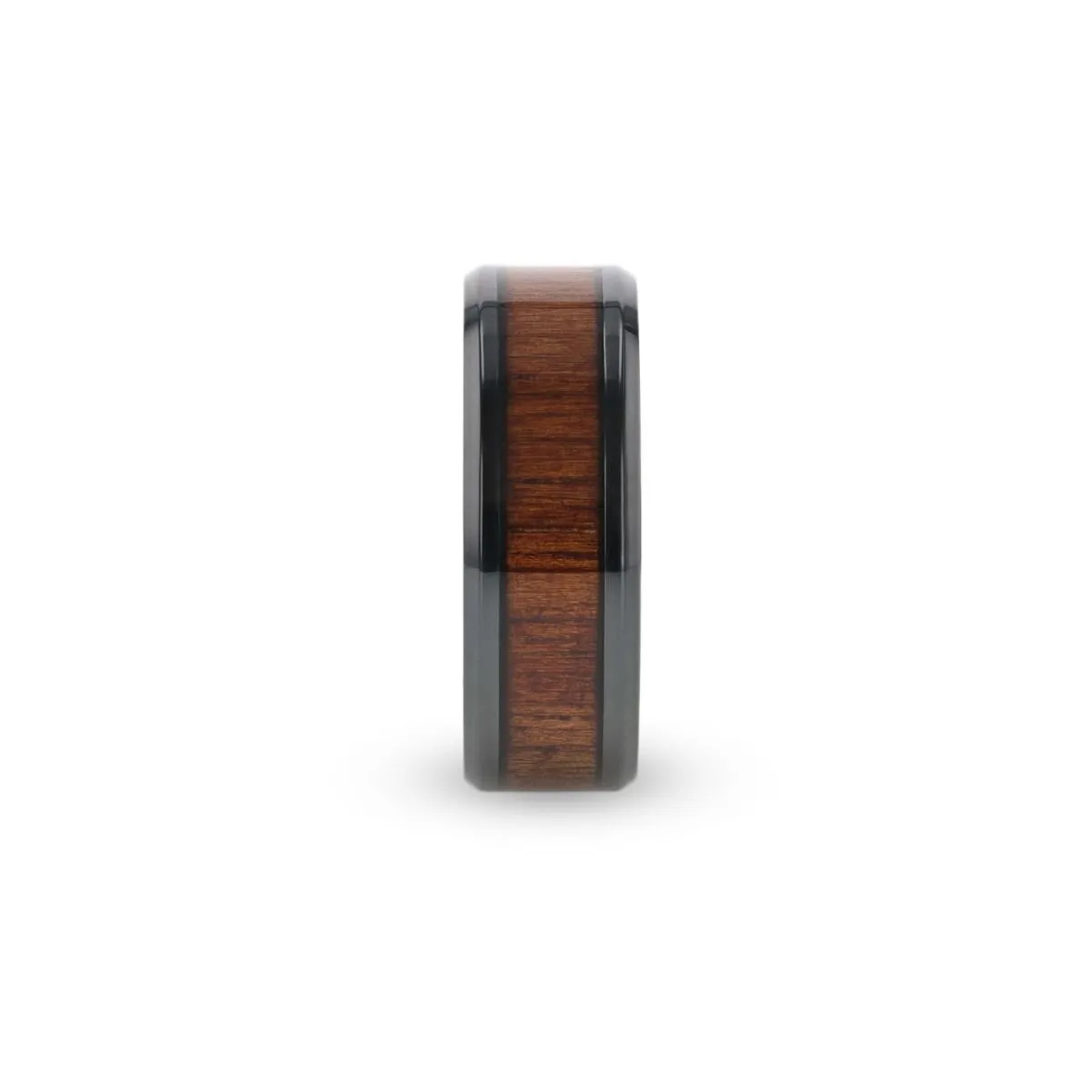 LEIFI | Black Titanium Ring, Koa Wood Inlay, Beveled