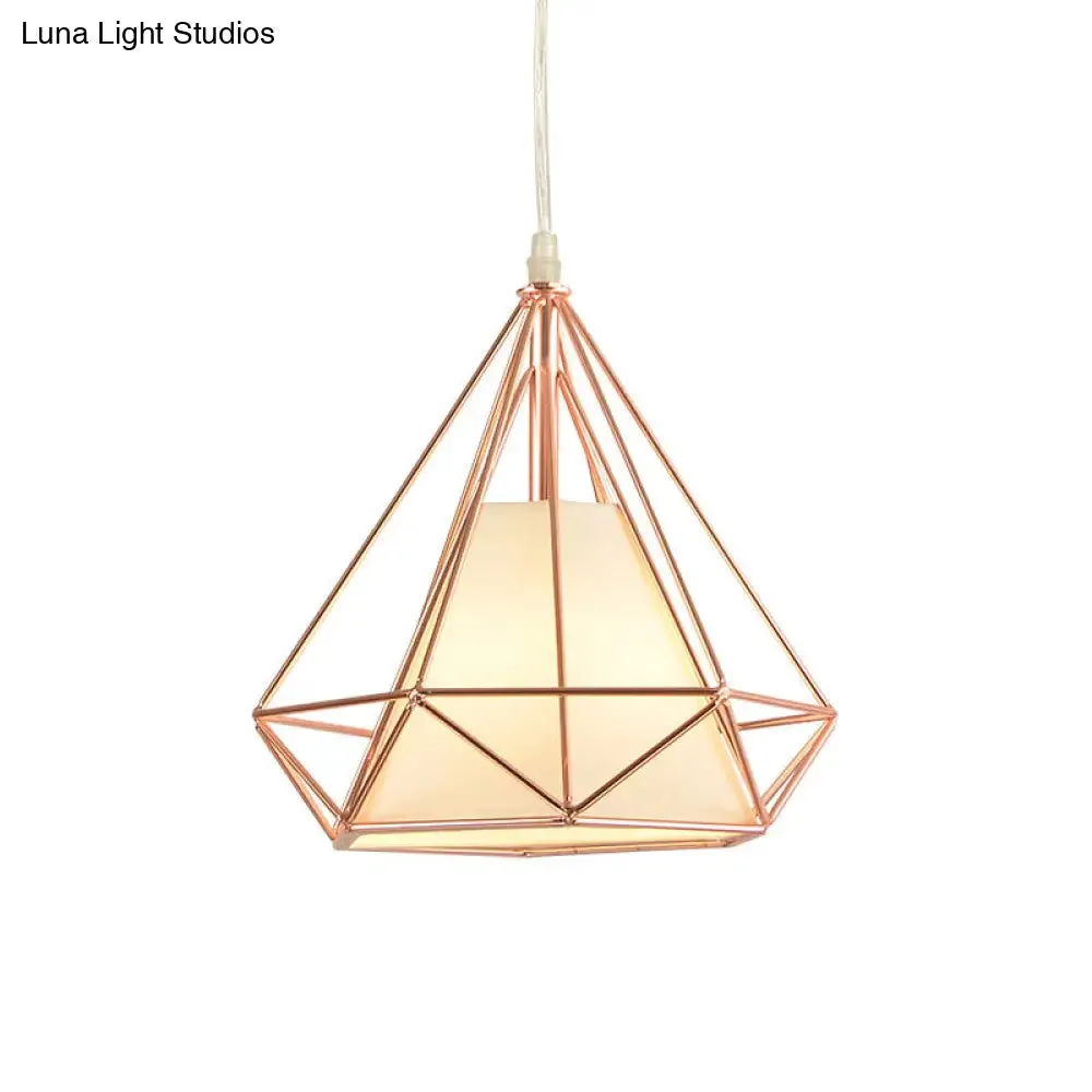 Macaron Style Rose Gold Diamond Cage Ceiling Light – Metal and Fabric Pendant for Coffee Shops