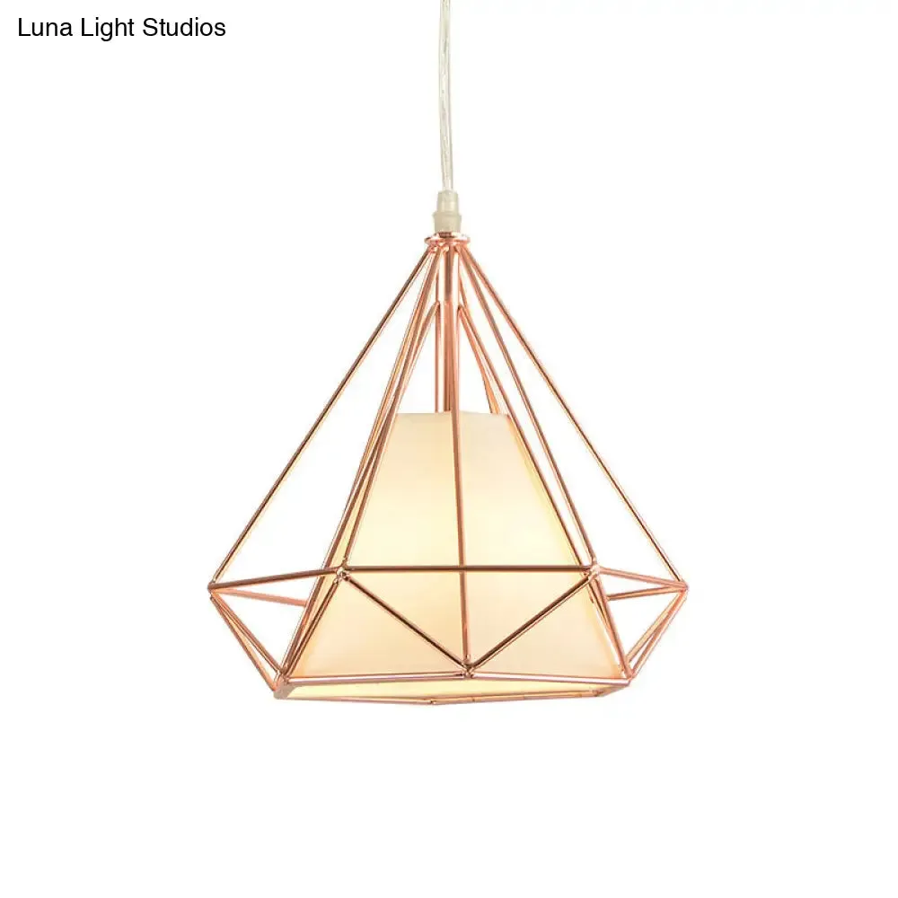 Macaron Style Rose Gold Diamond Cage Ceiling Light – Metal and Fabric Pendant for Coffee Shops