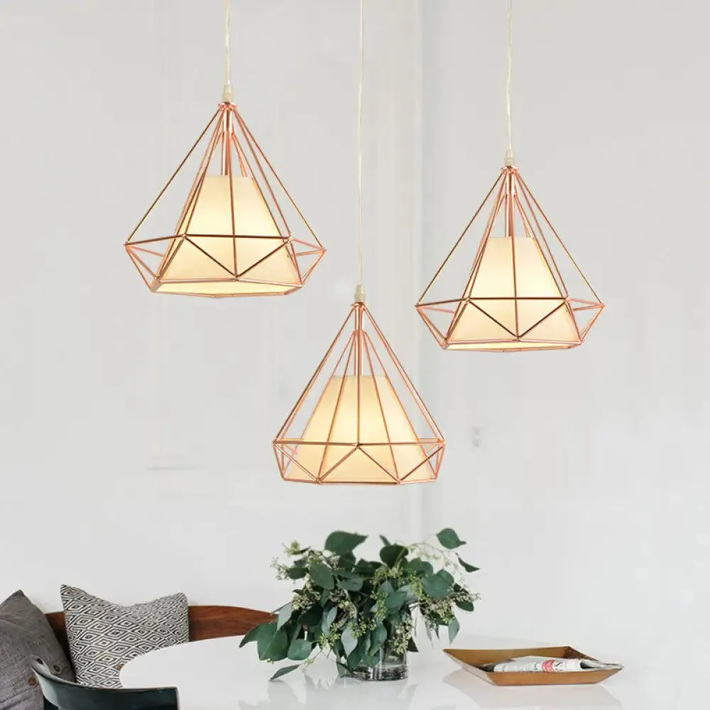 Macaron Style Rose Gold Diamond Cage Ceiling Light – Metal and Fabric Pendant for Coffee Shops