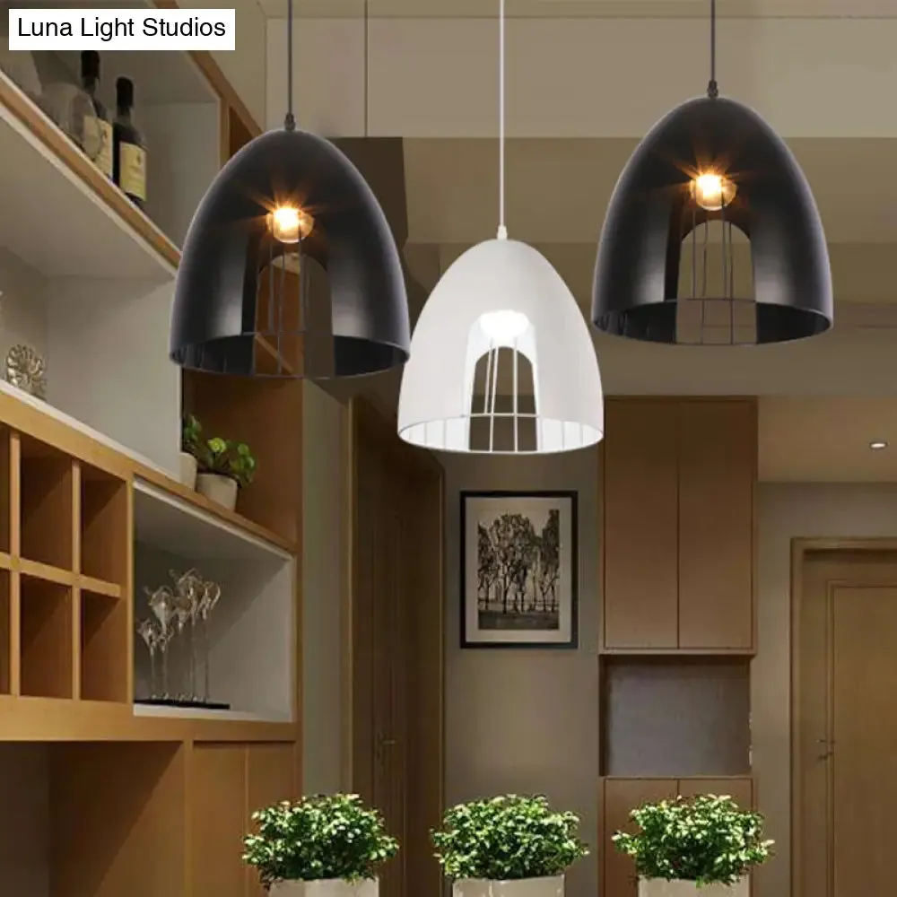 Metallic Bell Ceiling Light with Cage Shade - Industrial Pendant Light in White/Black