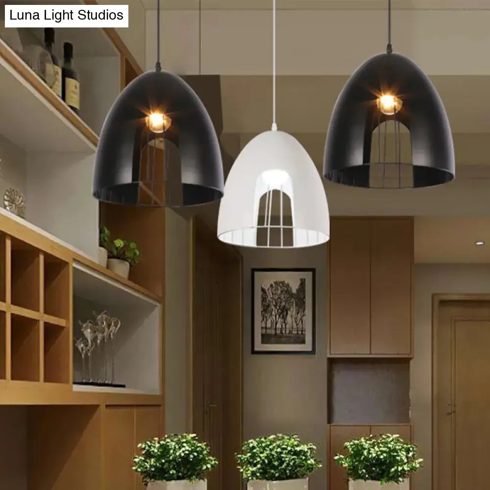 Metallic Bell Ceiling Light with Cage Shade - Industrial Pendant Light in White/Black