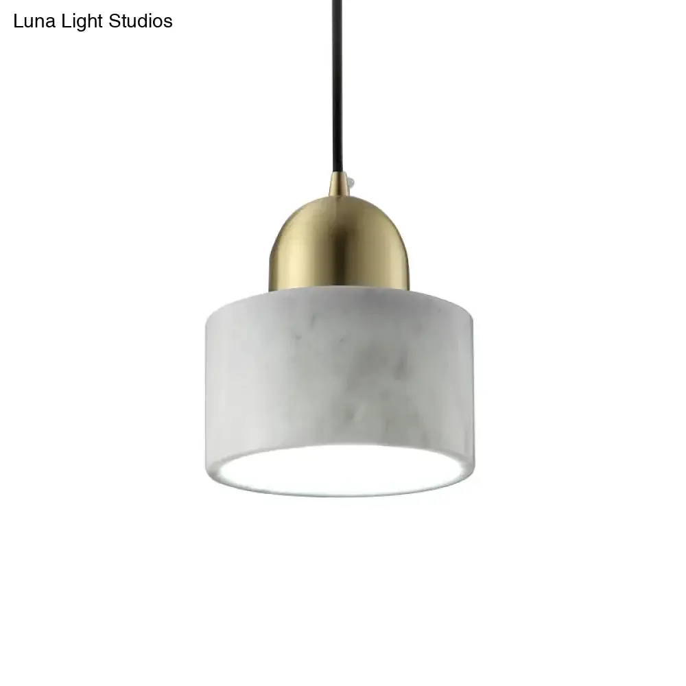 Minimalist White Bedside Pendant Light with Drum Marble Shade and Gold Dome Top - 1-Light Hanging Lamp