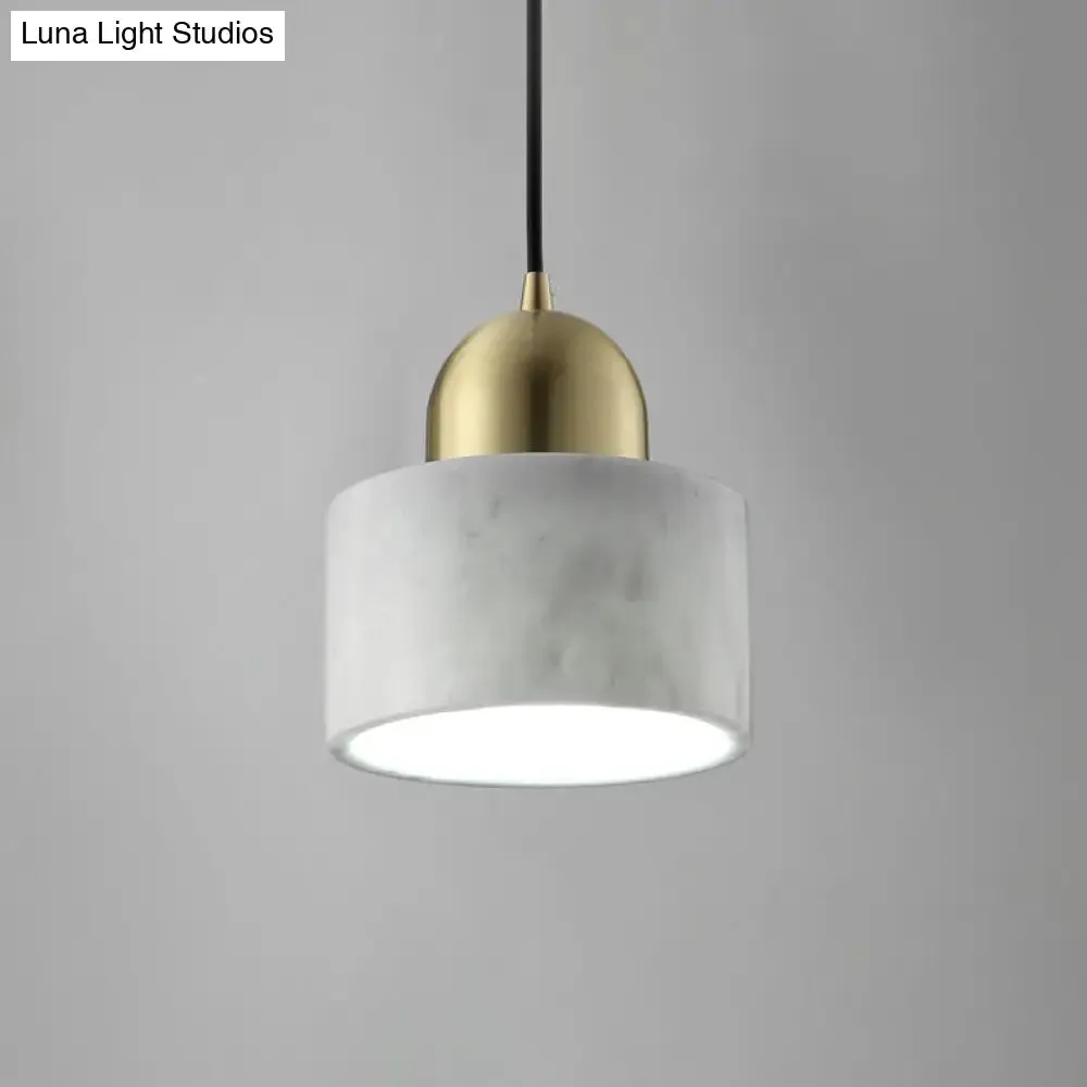 Minimalist White Bedside Pendant Light with Drum Marble Shade and Gold Dome Top - 1-Light Hanging Lamp