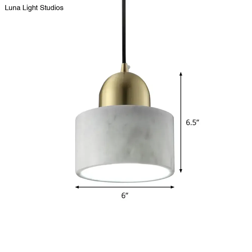 Minimalist White Bedside Pendant Light with Drum Marble Shade and Gold Dome Top - 1-Light Hanging Lamp