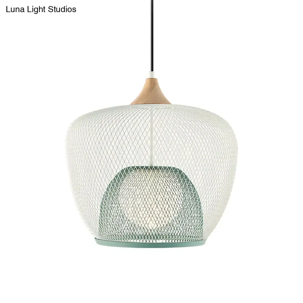 Modern 1 Bulb Pendant Light with Iron Mesh Shade & White/Blue Woven Basket