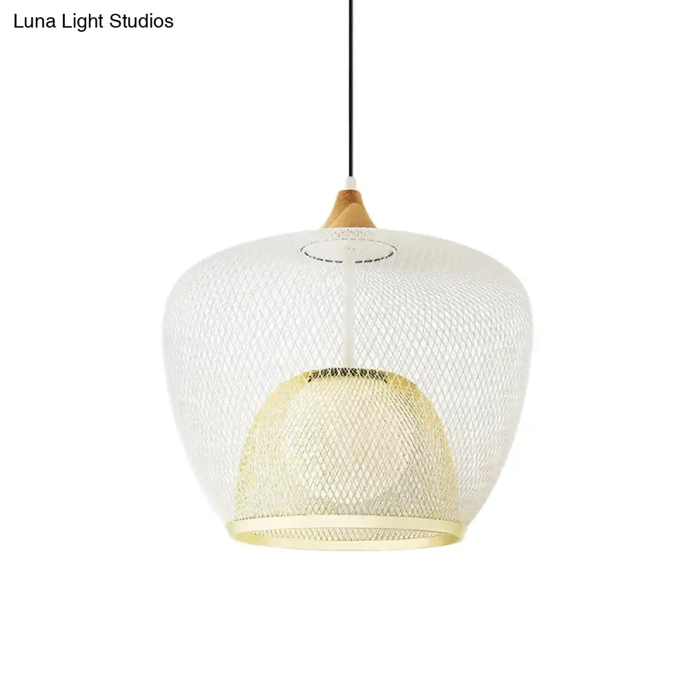 Modern 1 Bulb Pendant Light with Iron Mesh Shade & White/Blue Woven Basket