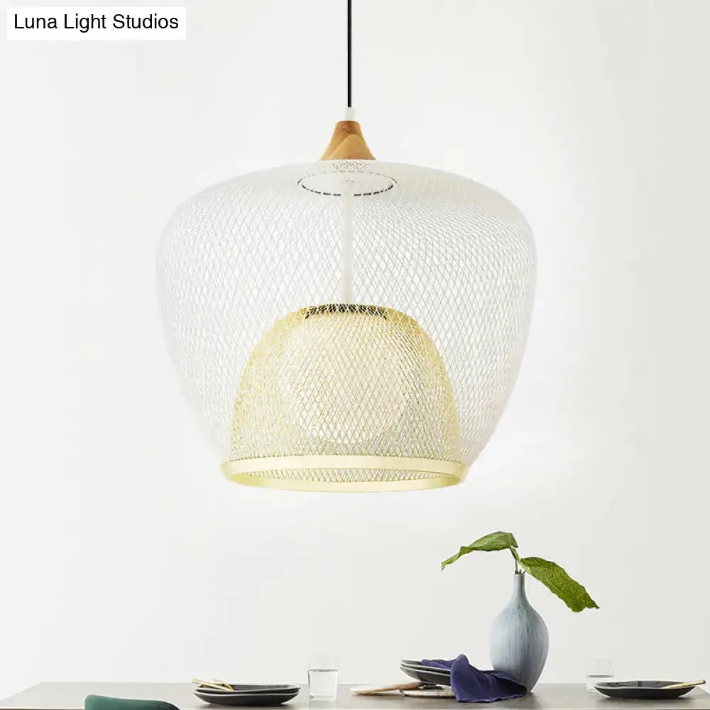 Modern 1 Bulb Pendant Light with Iron Mesh Shade & White/Blue Woven Basket