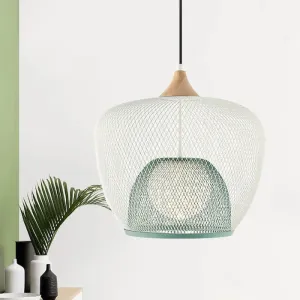 Modern 1 Bulb Pendant Light with Iron Mesh Shade & White/Blue Woven Basket