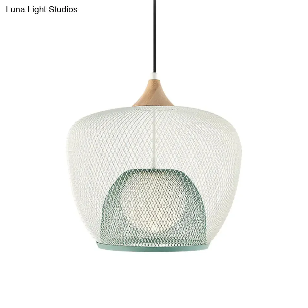 Modern 1 Bulb Pendant Light with Iron Mesh Shade & White/Blue Woven Basket