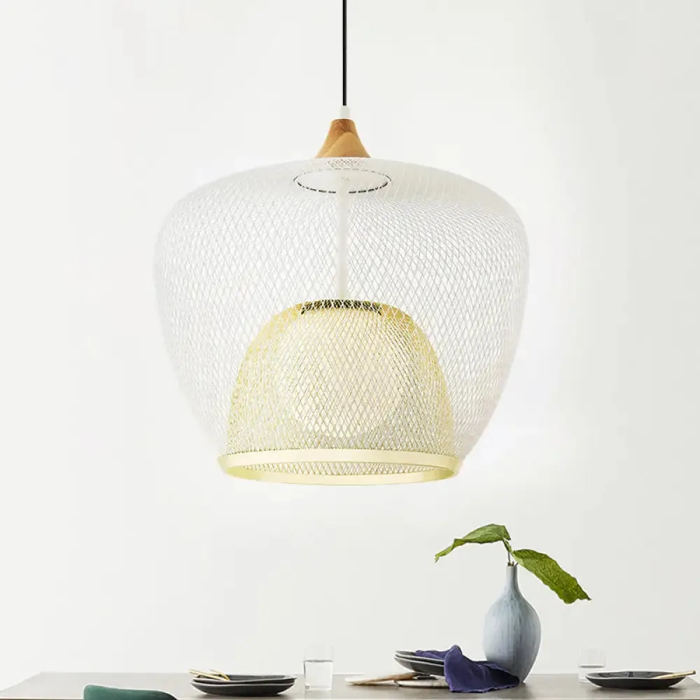 Modern 1 Bulb Pendant Light with Iron Mesh Shade & White/Blue Woven Basket