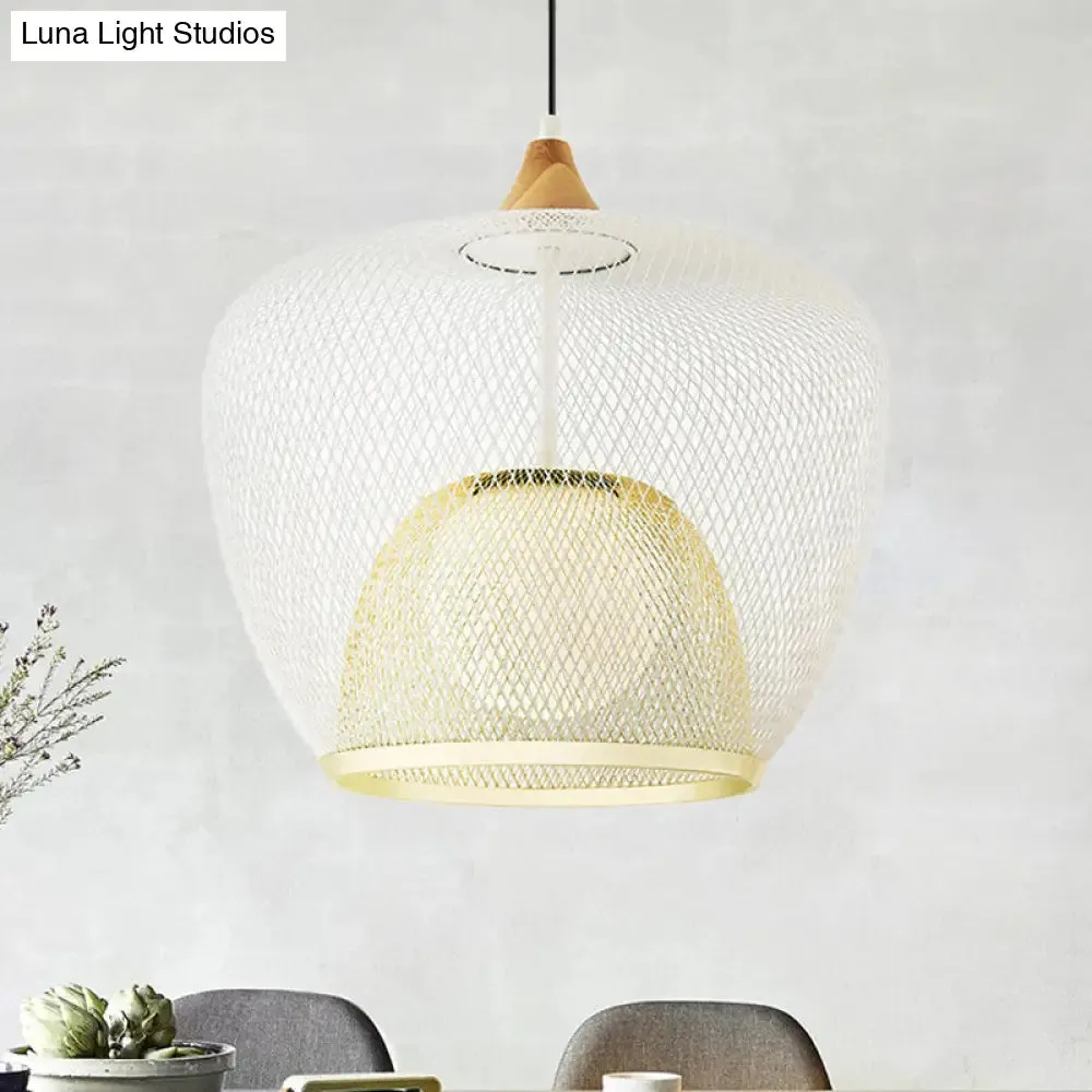 Modern 1 Bulb Pendant Light with Iron Mesh Shade & White/Blue Woven Basket