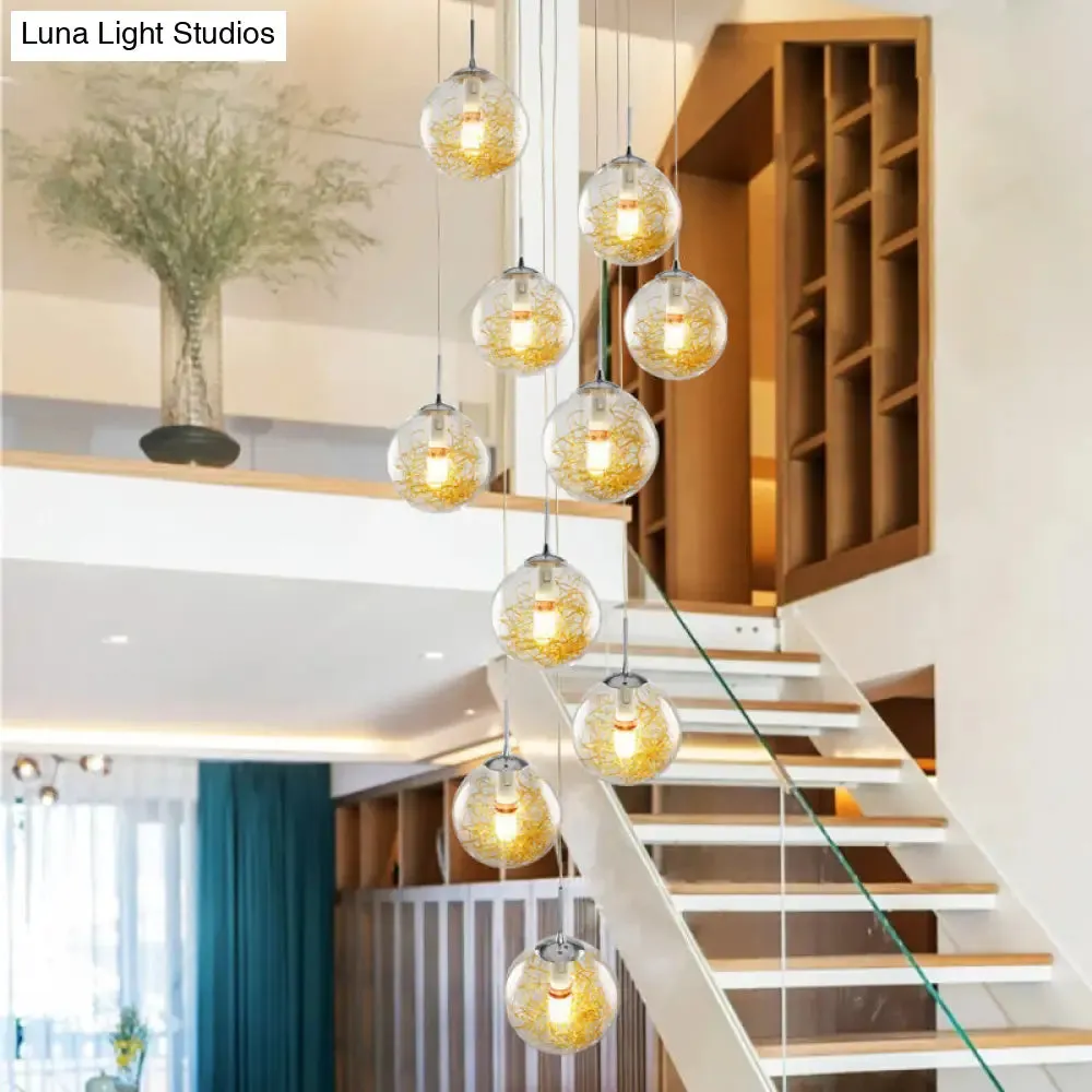 Modern 10-Head Silver Pendant Lamp with Clear Glass Sphere Shades - Ideal for Stairs and Suspension