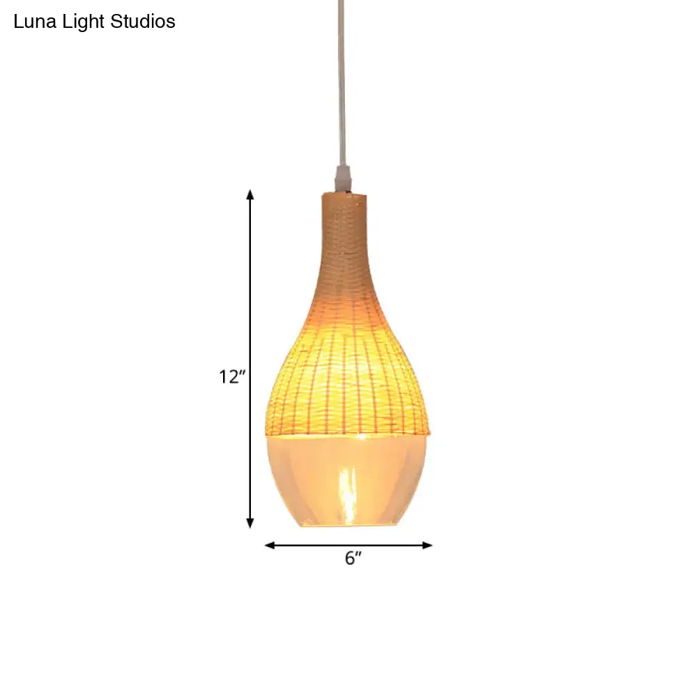 Modern Bamboo Hanging Pendant Light - 6"/10" Wide, Teardrop/Onion, Single Light, Yellow Suspension Lamp with Clear Glass Shade