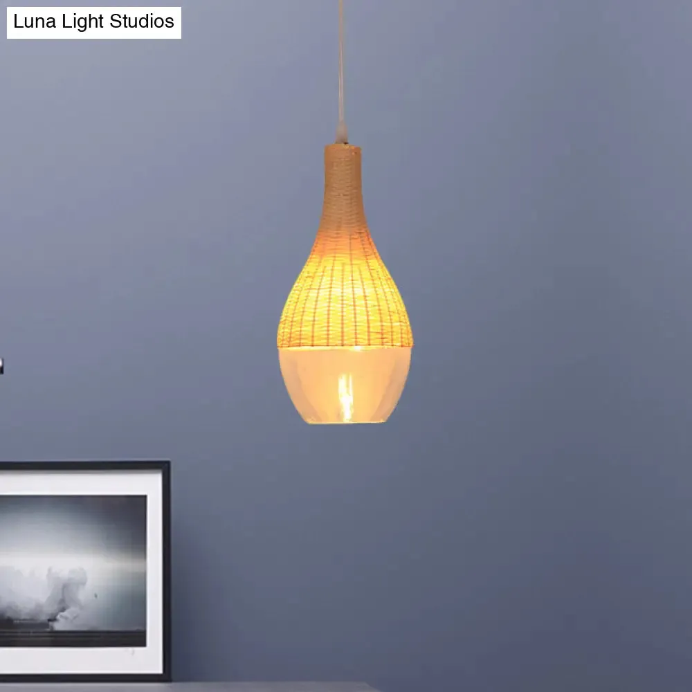 Modern Bamboo Hanging Pendant Light - 6"/10" Wide, Teardrop/Onion, Single Light, Yellow Suspension Lamp with Clear Glass Shade