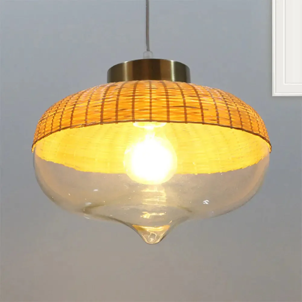 Modern Bamboo Hanging Pendant Light - 6"/10" Wide, Teardrop/Onion, Single Light, Yellow Suspension Lamp with Clear Glass Shade