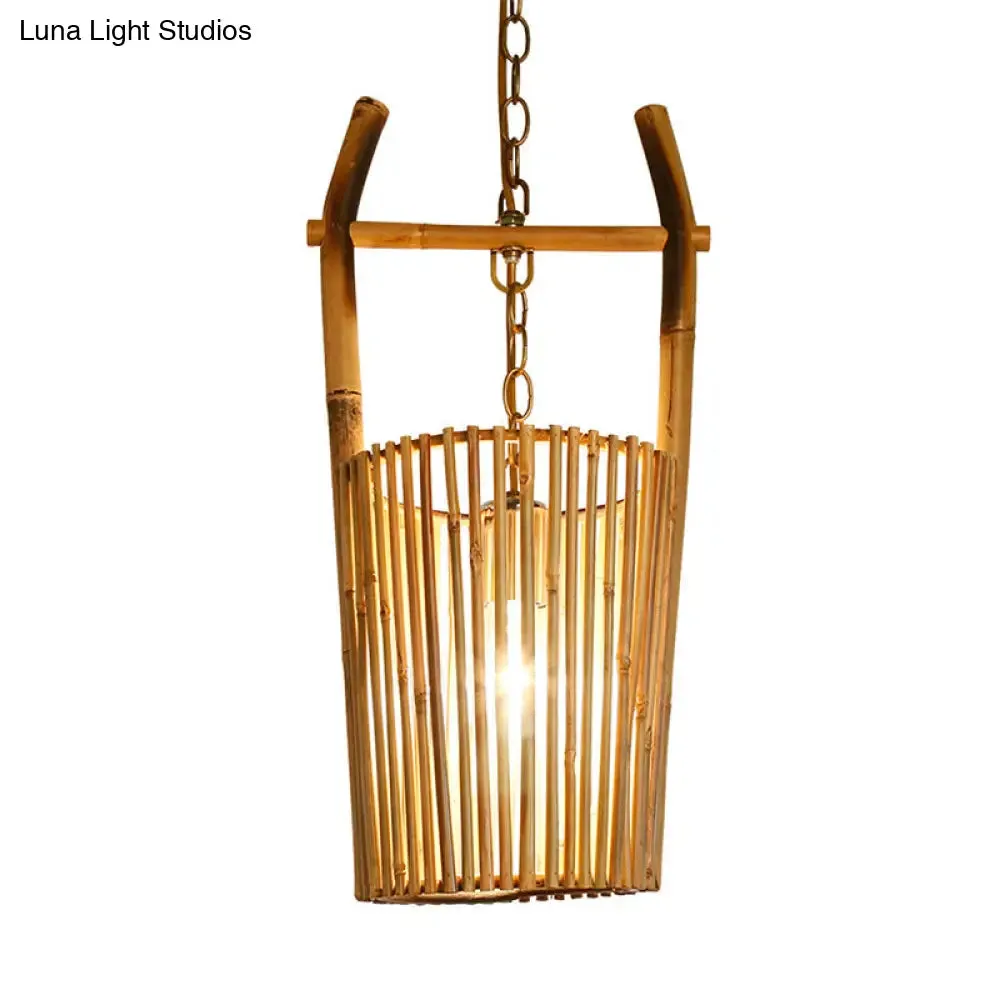 Modern Beige Bamboo Barrel Pendant Light with Suspension - 1-Light Hanging Lamp