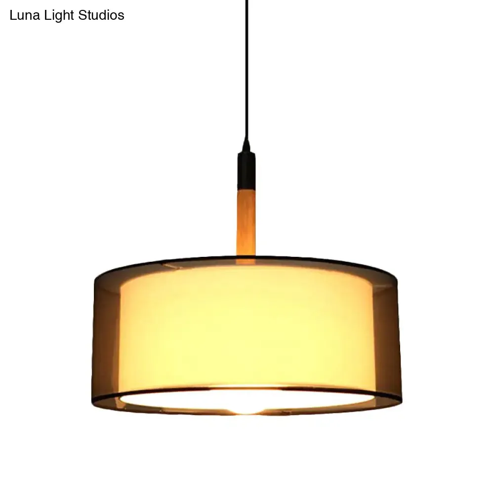 Modern Black Dual Shade Pendant Lamp: 1 Head Fabric Suspension Light with Wood Grip