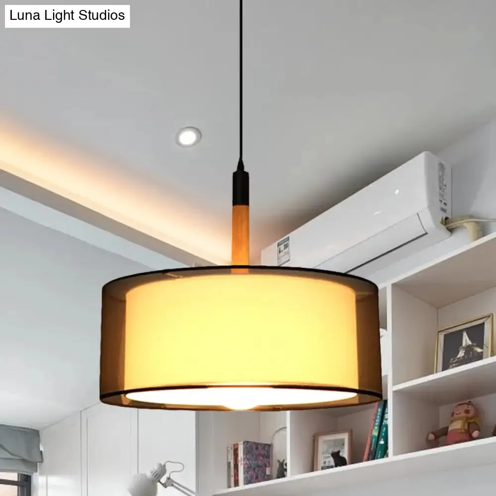 Modern Black Dual Shade Pendant Lamp: 1 Head Fabric Suspension Light with Wood Grip