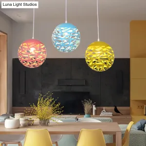 Modern Candy Colored Kid's Bedroom Pendant Lamp - Hollow Orb Design, Metal, 1 Head