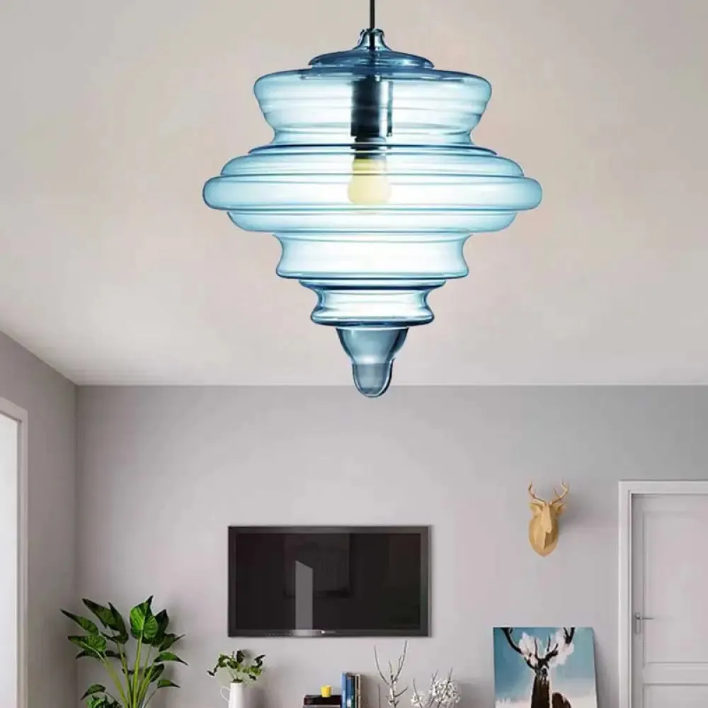 Modern Clear/Blue Ruffle Glass Pendant Light - Bedroom Ceiling Hanging Lamp