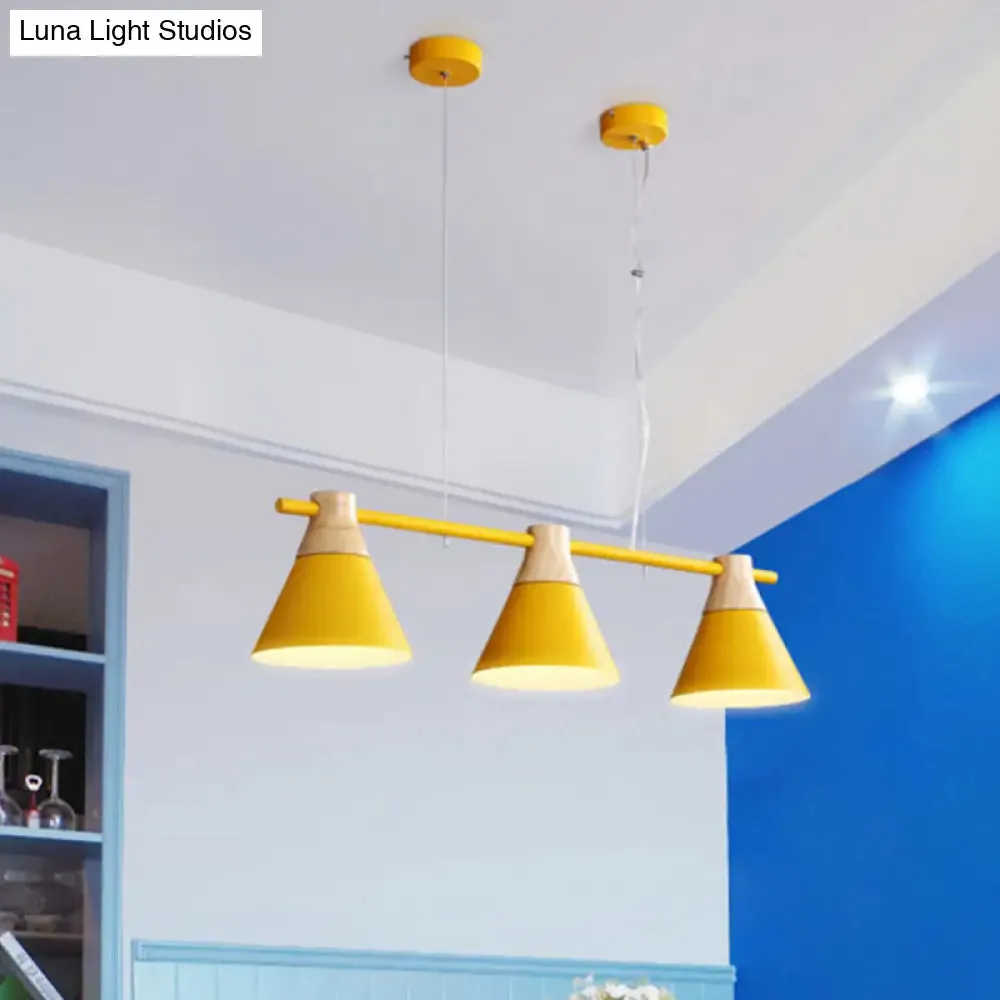 Modern Iron Cone Suspension Light with 3 Bulbs in Yellow/Blue/Green - Linear Design for Dining Room