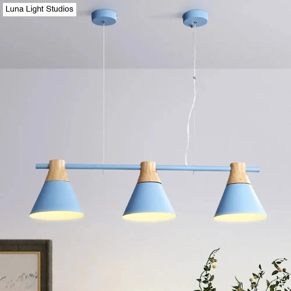 Modern Iron Cone Suspension Light with 3 Bulbs in Yellow/Blue/Green - Linear Design for Dining Room