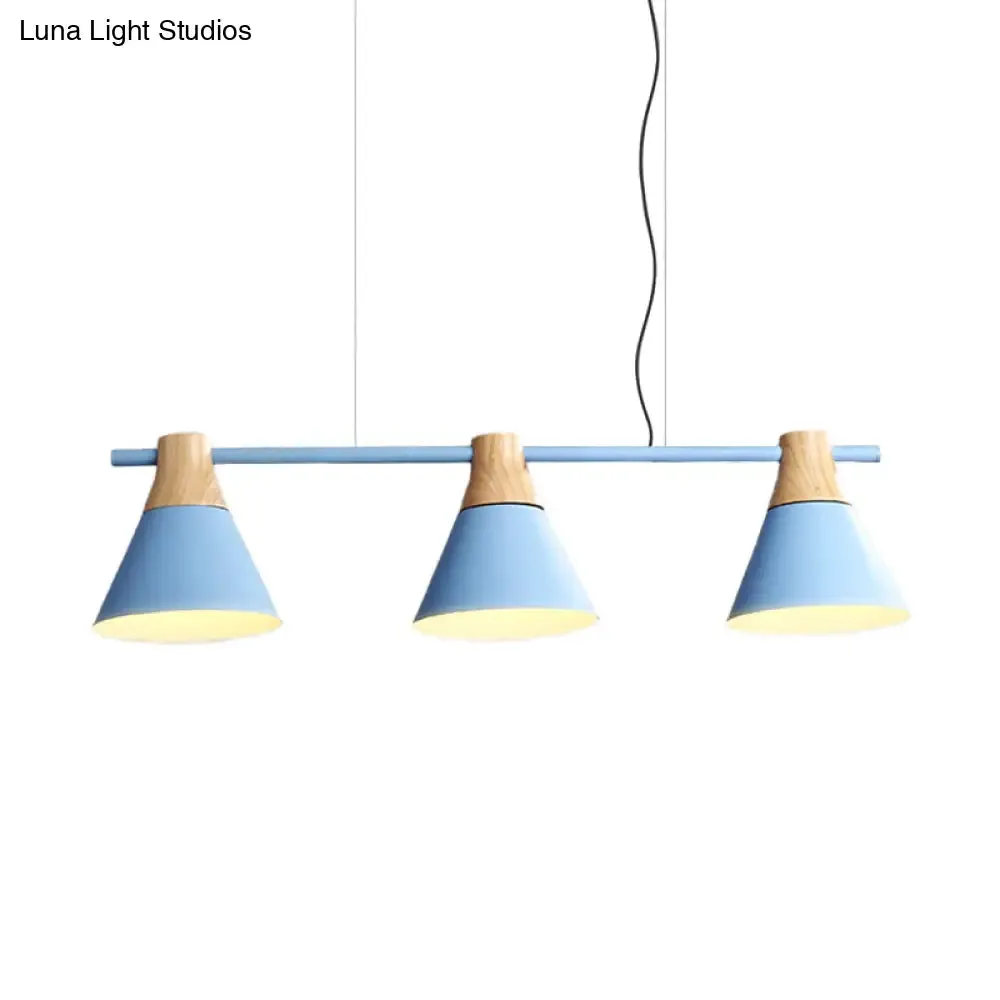 Modern Iron Cone Suspension Light with 3 Bulbs in Yellow/Blue/Green - Linear Design for Dining Room