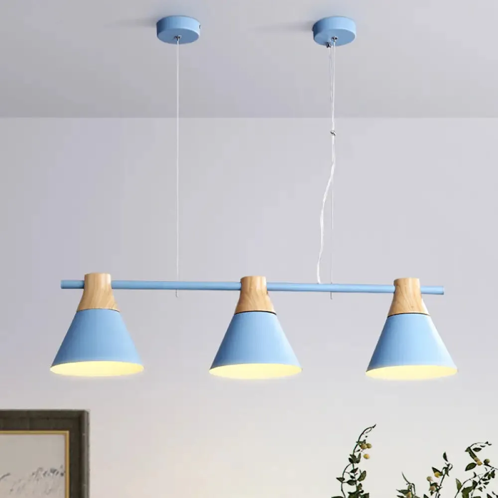 Modern Iron Cone Suspension Light with 3 Bulbs in Yellow/Blue/Green - Linear Design for Dining Room