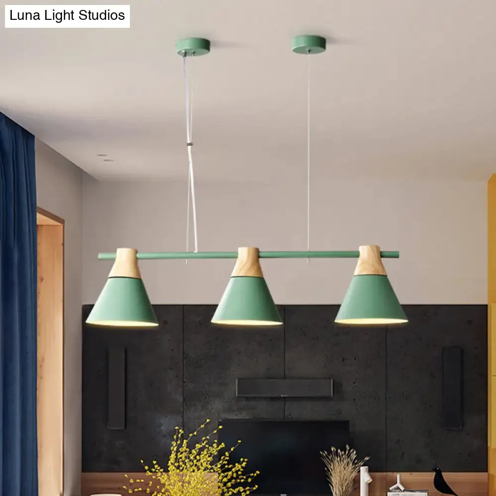 Modern Iron Cone Suspension Light with 3 Bulbs in Yellow/Blue/Green - Linear Design for Dining Room