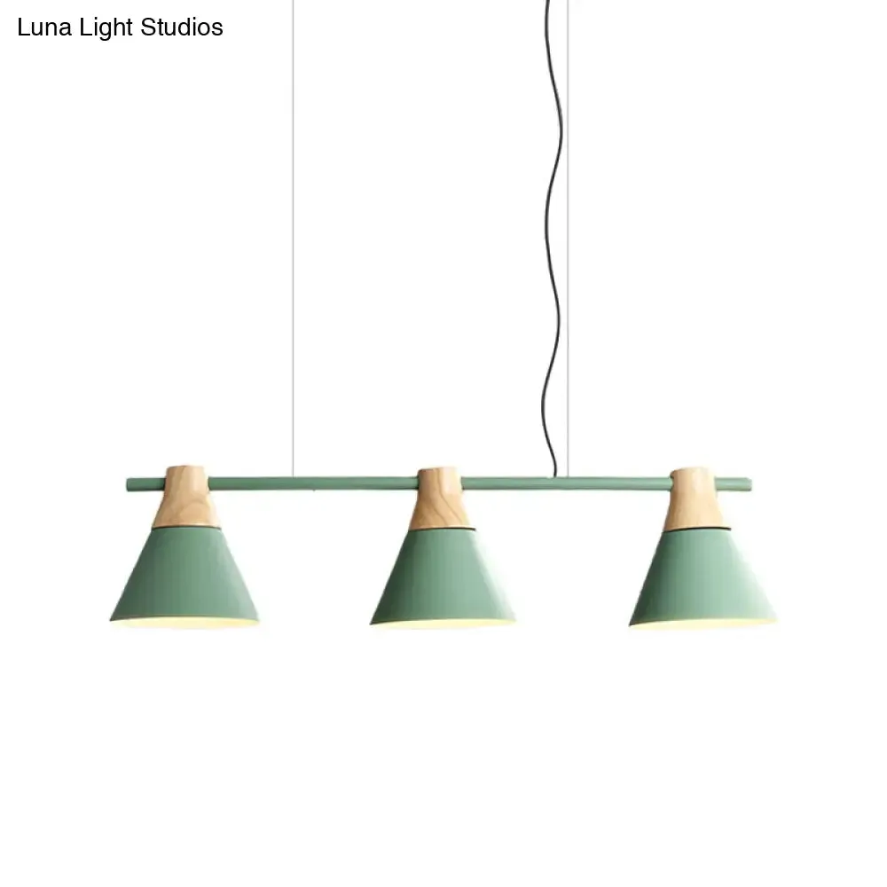 Modern Iron Cone Suspension Light with 3 Bulbs in Yellow/Blue/Green - Linear Design for Dining Room