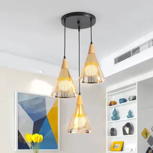 Modern Wooden 3-Light Gold Cage Pendant Ceiling Light