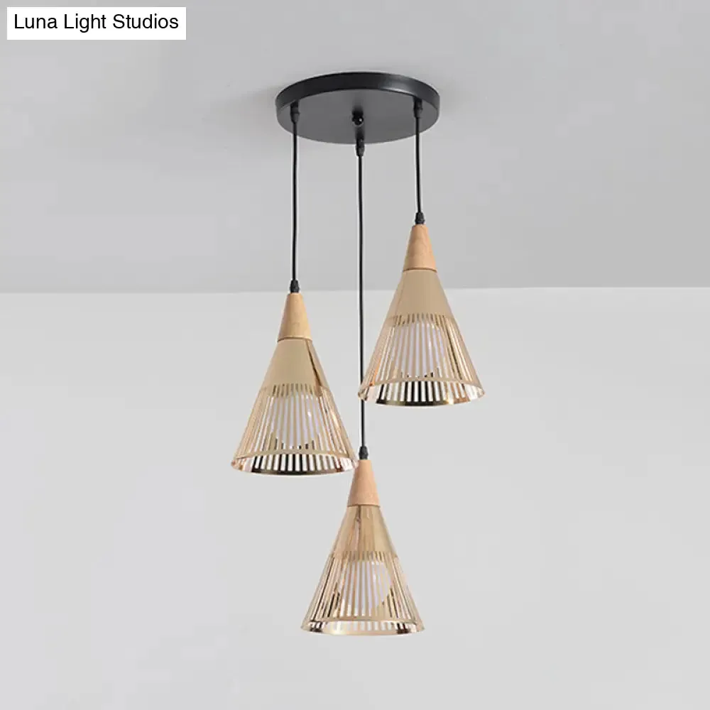 Modern Wooden 3-Light Gold Cage Pendant Ceiling Light