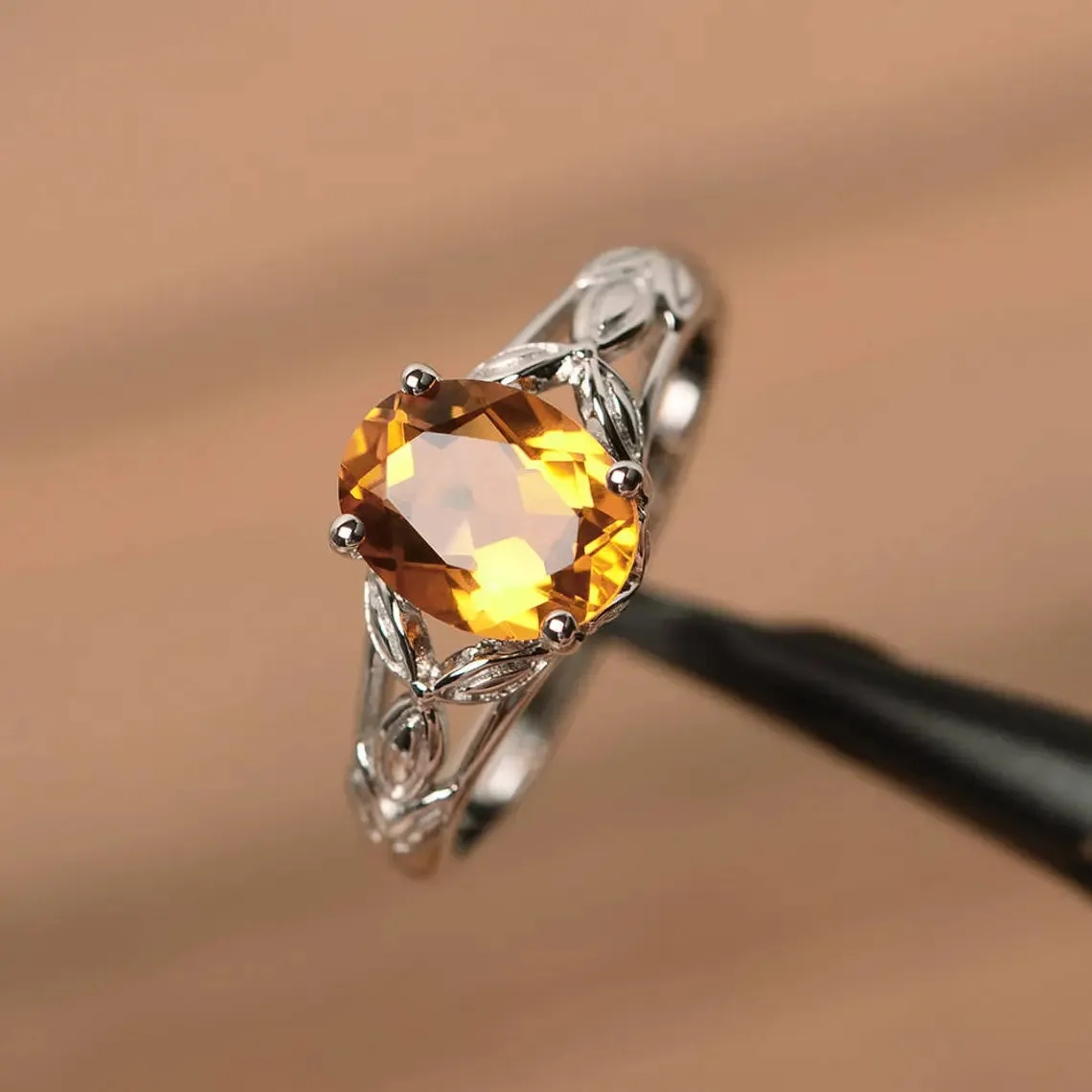 Natural Oval Cut Citrine Unique Solitaire Promise Ring - 925 Sterling Silver Ring